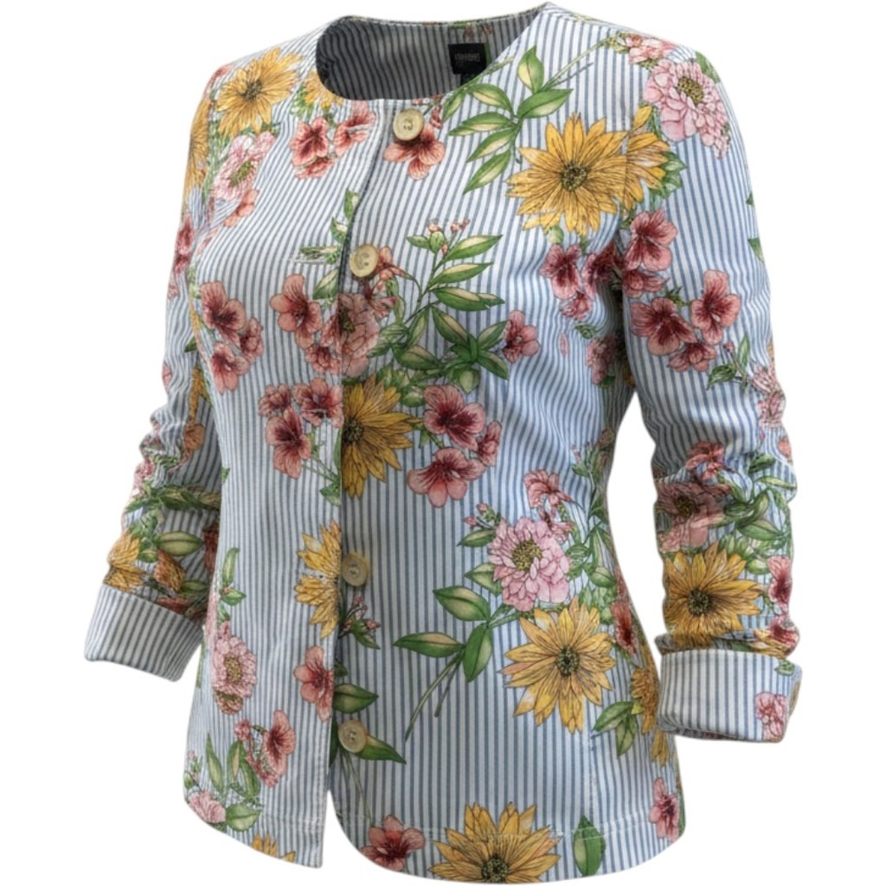 Rafaella‎ Floral Stripe Button Front Jacket Blue White Pink Yellow XL